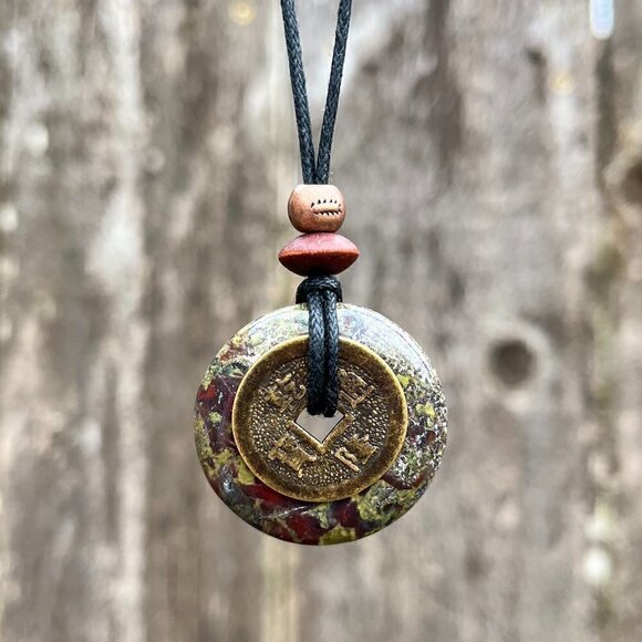 Artisan Jewelry - Dragon’s Blood Jasper and Lucky Coin Pendant Necklace | Handmade